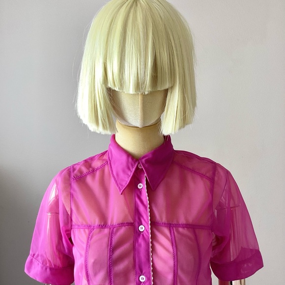 No. 21 Pink Mesh Semi Sheer Short Sleeve Button Down Shirt Top - Picture 4 of 6